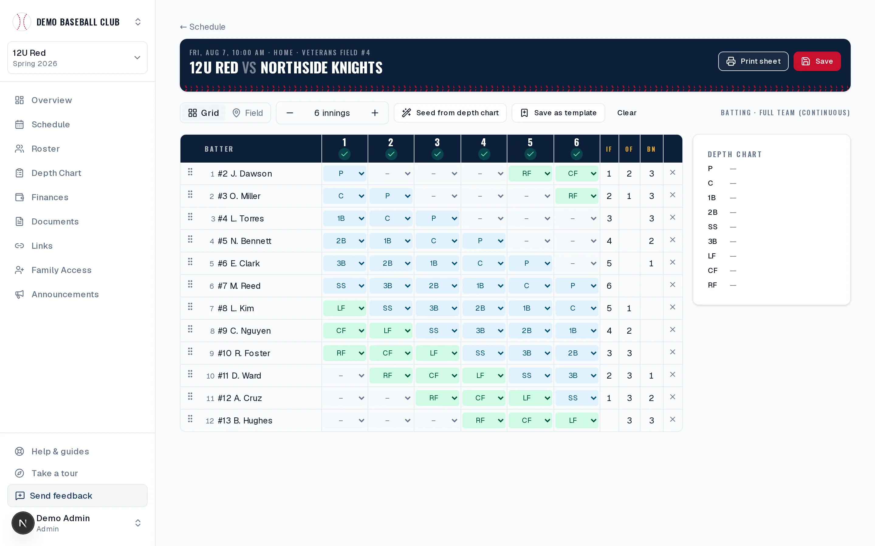 The DugoutHQ lineup builder: a batting order with a fielding position set for each inning, playing-time balance tracked automatically.